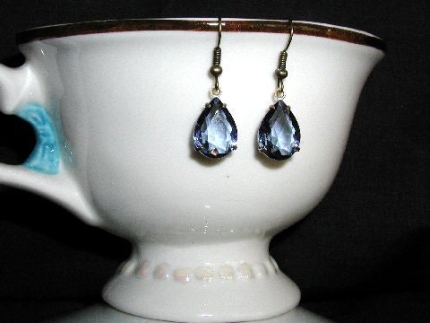 Vintage Denim Blue Glass Crystal Pear Shaped Earrings