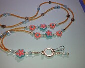 Polymer Clay Blue and Salmon Flower Beaded Lanyard ID Badge Holder