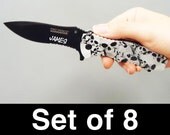 Set of 8 Custom Personalized Engraved Silver Skull Pocket Knives, wedding, groomsmen, birthday, special occasion gift