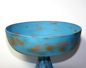 Wood Pedestal Bowl Shabby Chic Blue Distressed