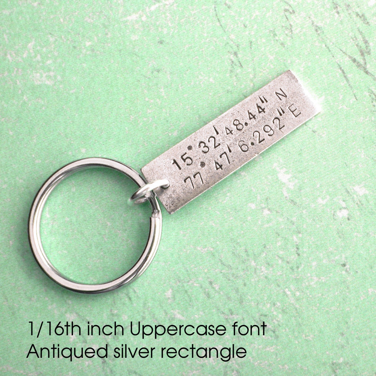 GPS Coordinates Keychain .. Rectangle Lat / Long antiqued charm .. One pendant in Copper, Silver or Gold