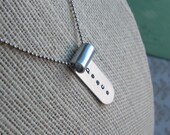 GPS LAT / LONG Aluminum Banner - Hand Stamped Scroll Pendant, antiqued charm, 24" Necklace included - Brushed Silver Nickel Look