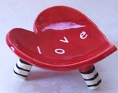 red LOVE ceramic heart dish with striped legs