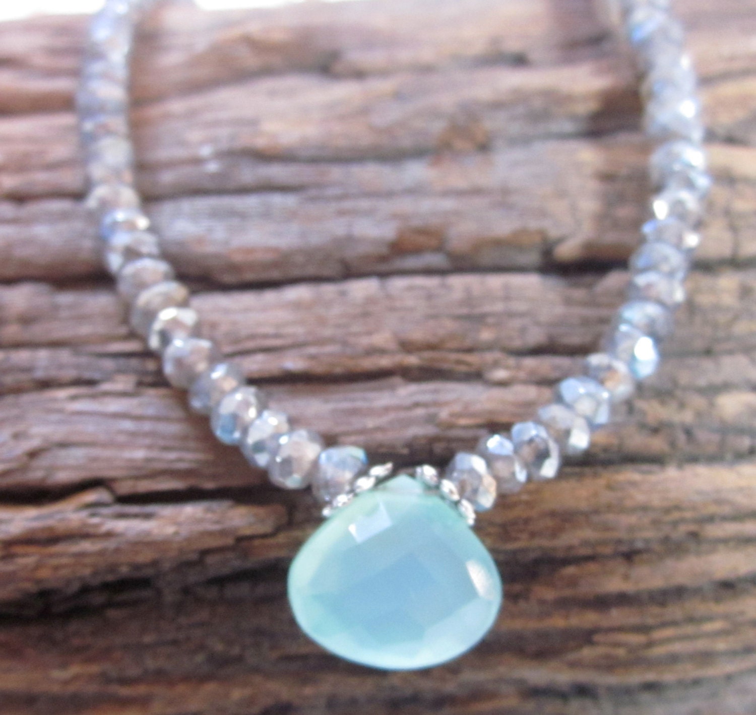 Aqua blue chalcedony drop with mystic labradorite necklace