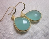 Seafoam green chalcedony tear drop gold filled bezel earrings