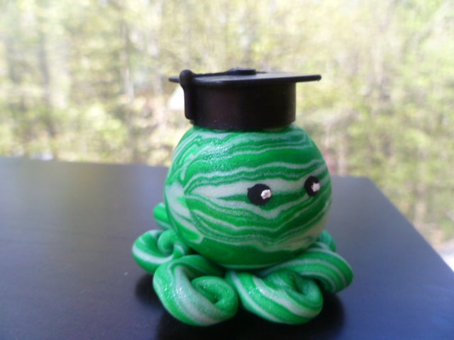 Graduate Octopus Mini Marble Friend with Cap in Your School Colors shown here in Green and White