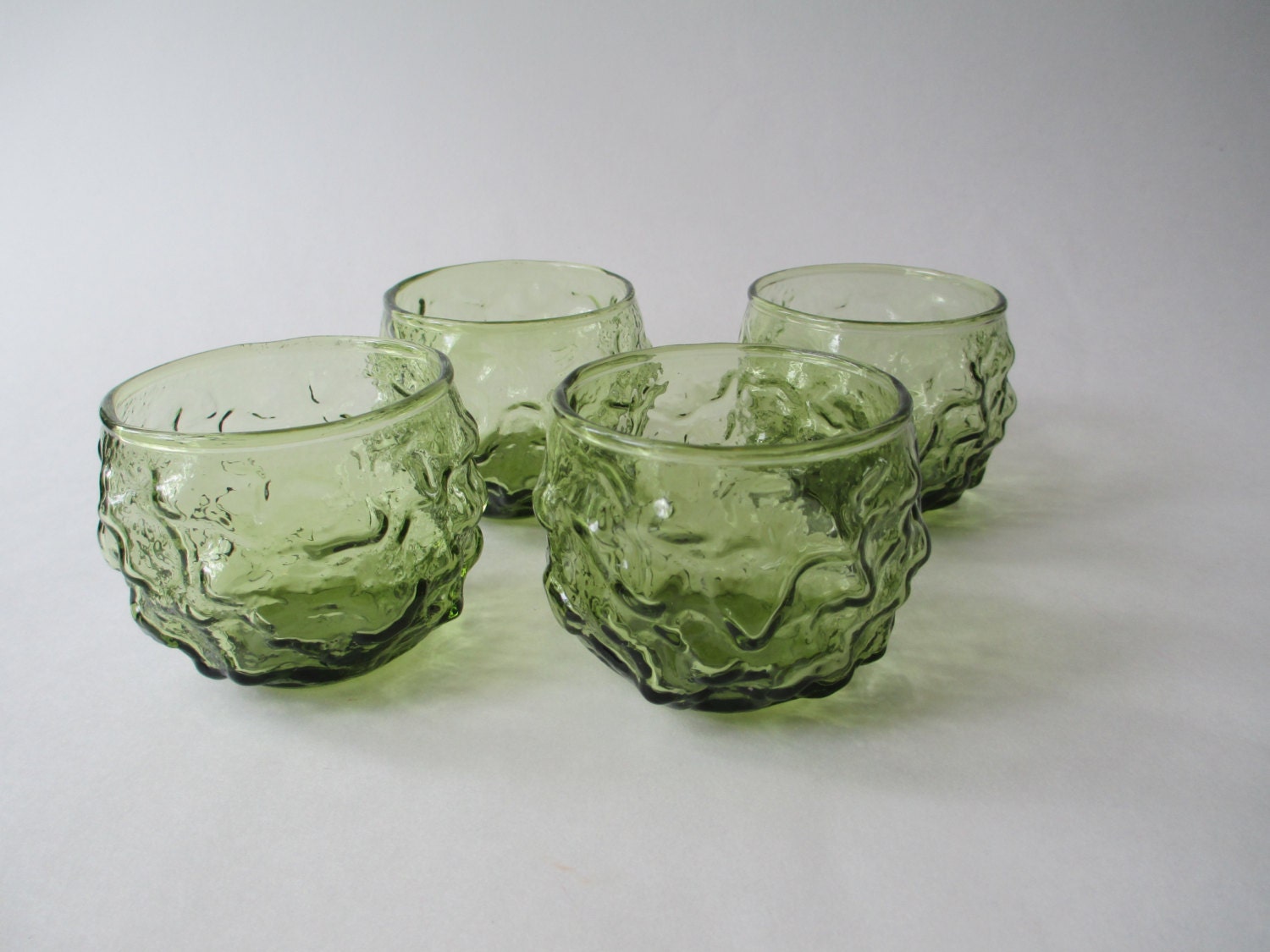 Vintage Anchor Hocking Lido Avocado Green Roly Poly On the Rocks Bar Glass Set of Four