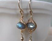 Green Labradorite Gold Earrings, Wire Wrapped, Rondelle, Small, Green Earrings, Irisjewelrydesign