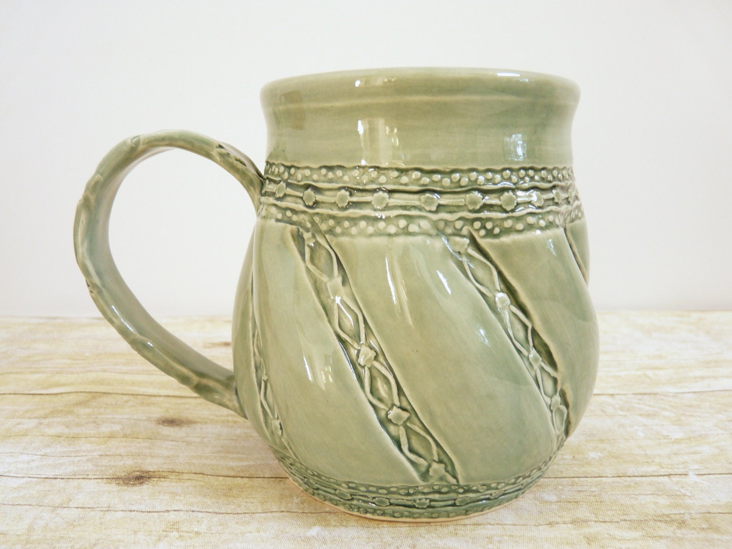 Coffee Mug  Cup Sage Green Stamped Quilted Design Cup, Shabby Chic Stoneware Pottery