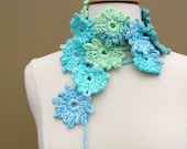 SALE Cotton Flower Scarf-Lariat-Turquoise-Blue-Green-Cream