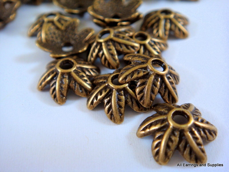 25 Antique Bronze Bead Cap Leaf Design Tibetan Silver 11mm - 25 pc - F4133BC-AB25