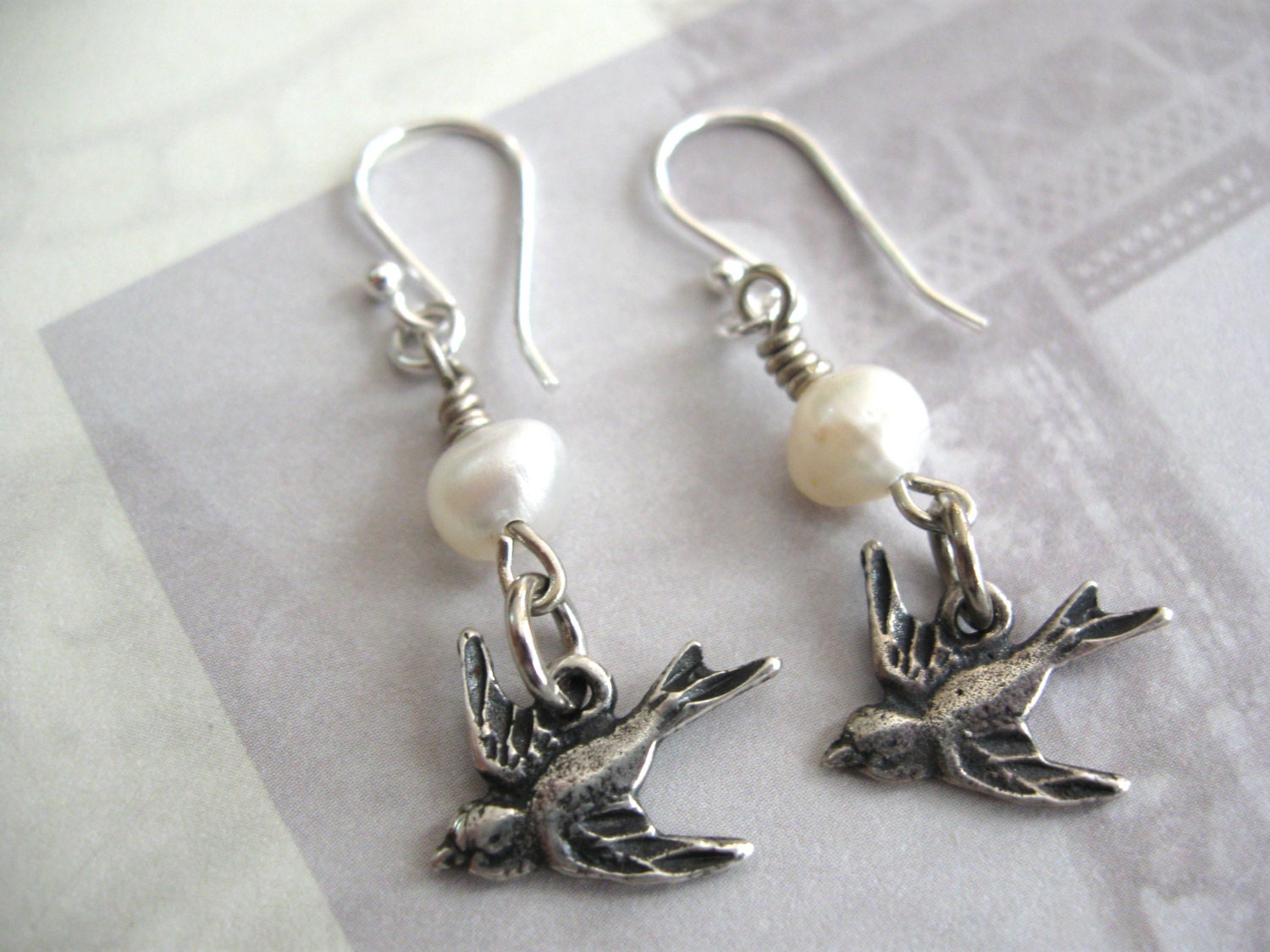 Swallow & White Freshwater Pearl Dangle Earrings