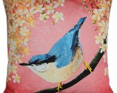 Cushion cover for throw pillow with bird - Nuthatch - 16x16 inch 40x40cm DELUXE edition
