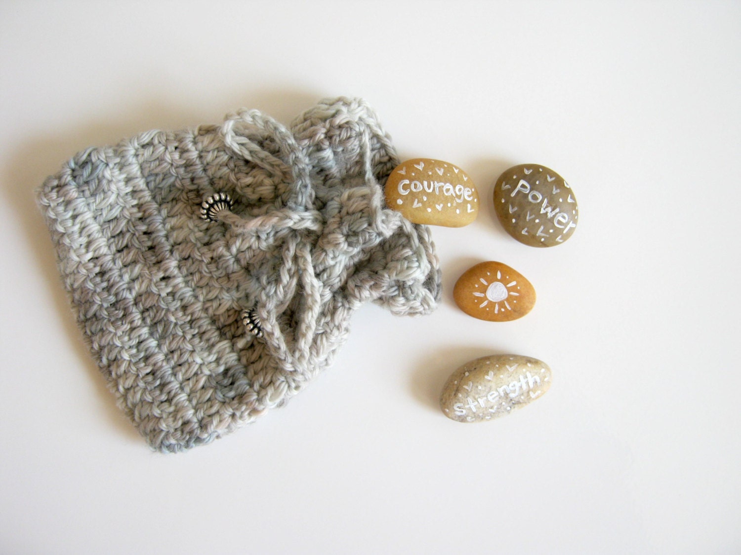 Hand Painted Mantra Stones with Crocheted Pouch for Courage, Strength, and Power