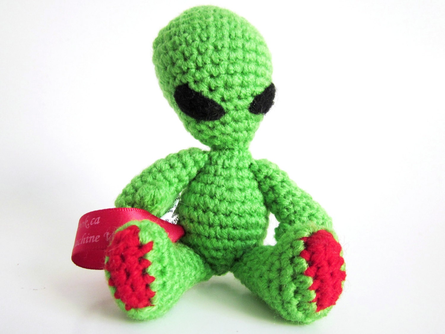 Sci Fi Alien Doll RATTLE: Bright Green Alien Toy in Bright Green, Red and Black Washable Yarn  - Crocheted, Designed by The Silver Hook