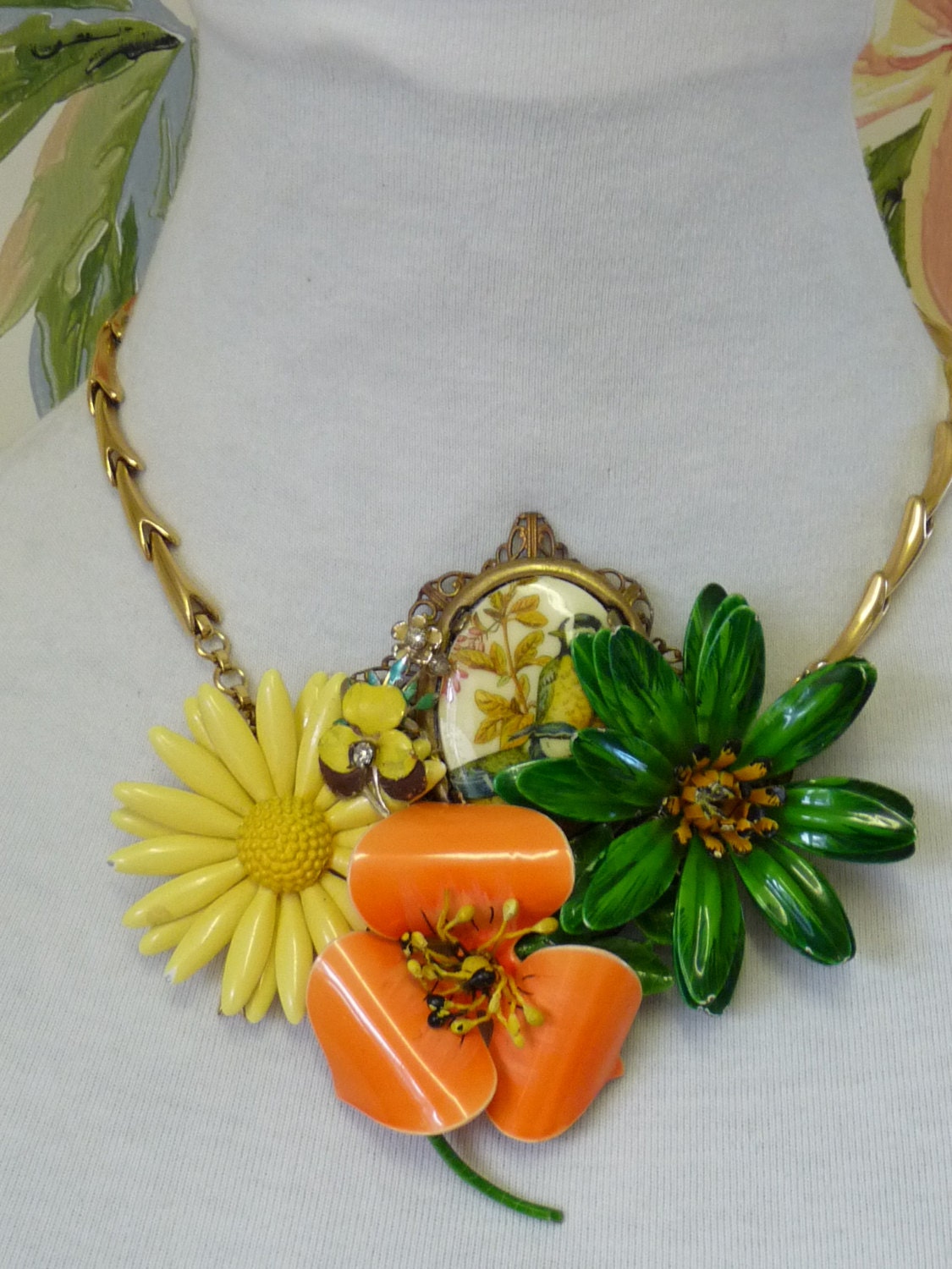 Wedding necklace statement necklace The Orangery, vintage brooch pin monet necklace and bird cameo statement necklace