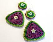 Dangle cotton yarn crochet earrings, star buttons, young, bright green, acid green, emerald, purple, violet, plum, fiber
