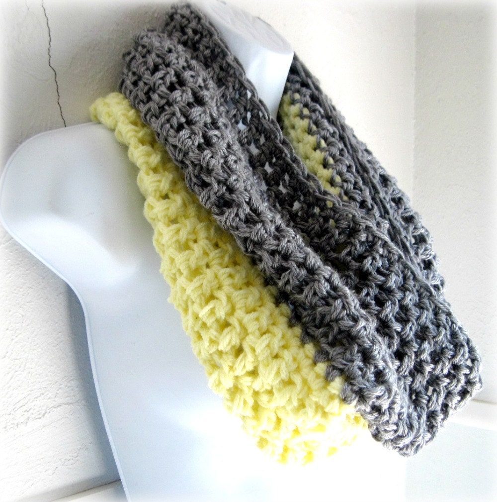 Infinity Scarf Cowl- Yellow and Grey Extra Large Chunky Scarf, Cowl, Loop, Pale Yellow and Gray  BOGO
