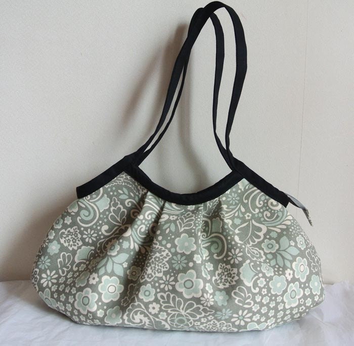 Zippered Extra large Canvas granny bag, Flower Mint blue and grey