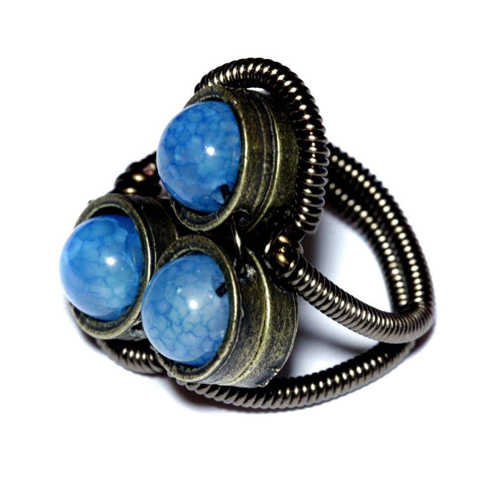 Steampunk Jewelry - Ring - 3 Blue Fire Agate - SIZE 10 ONLY