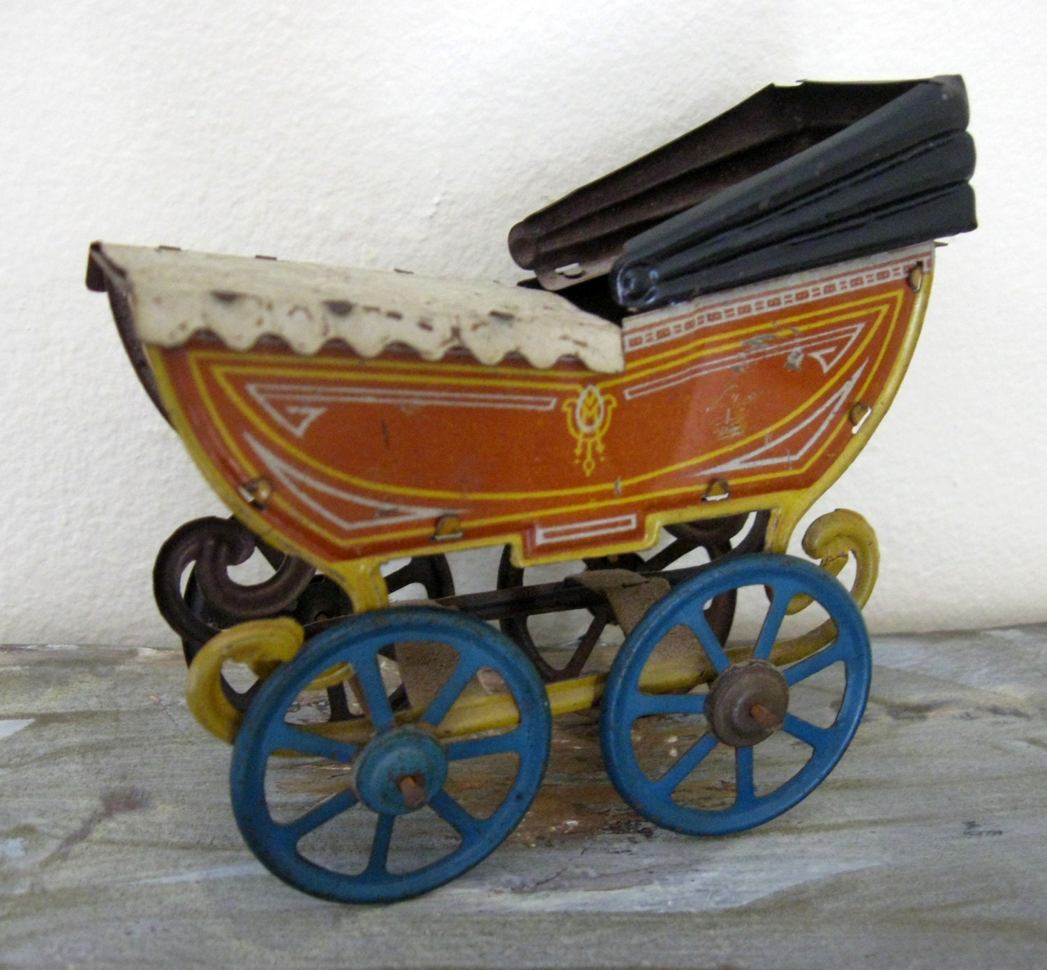 Antique Tin Toy Miniature Baby Carriage or Pram