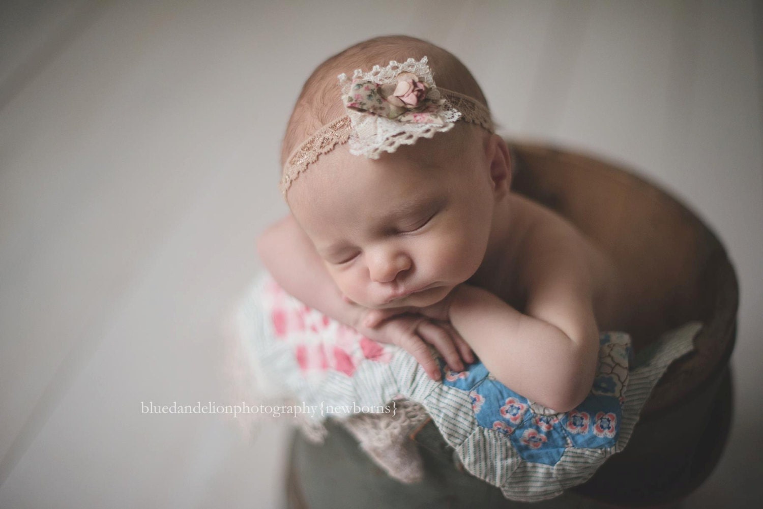 Lenny - Vintage Inspired Rosette Headband - Pink Cream Ivory Beige Nude Lace Ribbon - Newborn Infant Baby Girl Toddler Adult