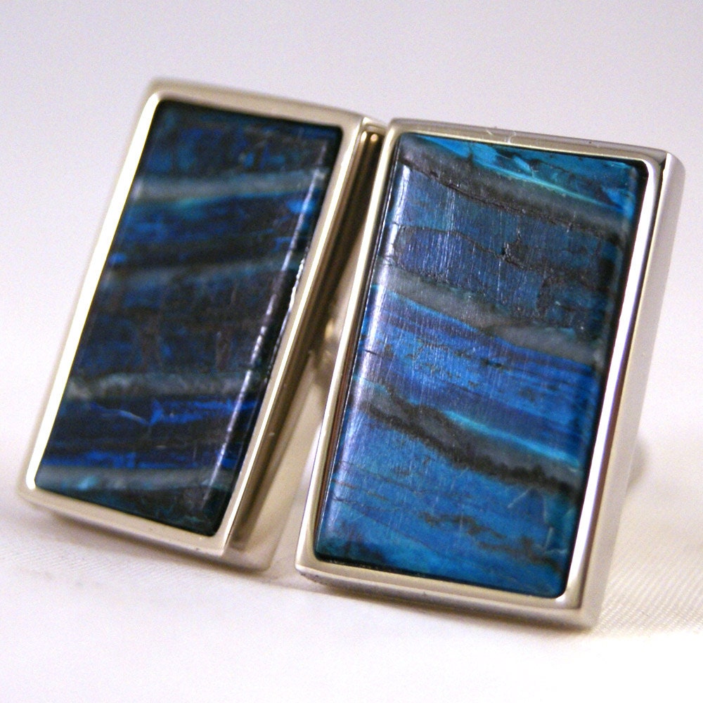 Cufflinks -  Blue Siberian Mammoth and Elk Fossil in Sterling Silver Bezel (CL-586)