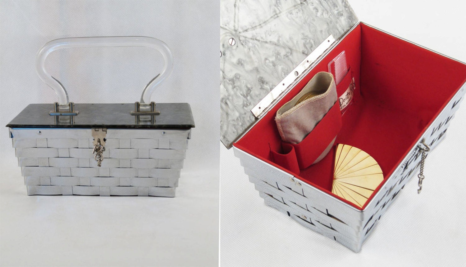 Vintage 1950s Dorset Rex Fifth Ave Silvertone Basket Weave Handbag Box Purse with Accessories