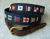 Preppy Nautical Flag Surcingle Leather Belt - Navy Blue Code Flags Boating Motif - Solid Brass Buckle - Vintage - Made in USA - 43 44 45