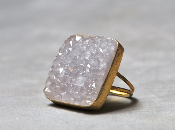 large square druzy ring gold adjustable lavender purple natural organic