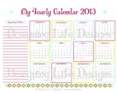 My Yearly Calendar - 2013 Calendar with Important Dates - Planner PDF