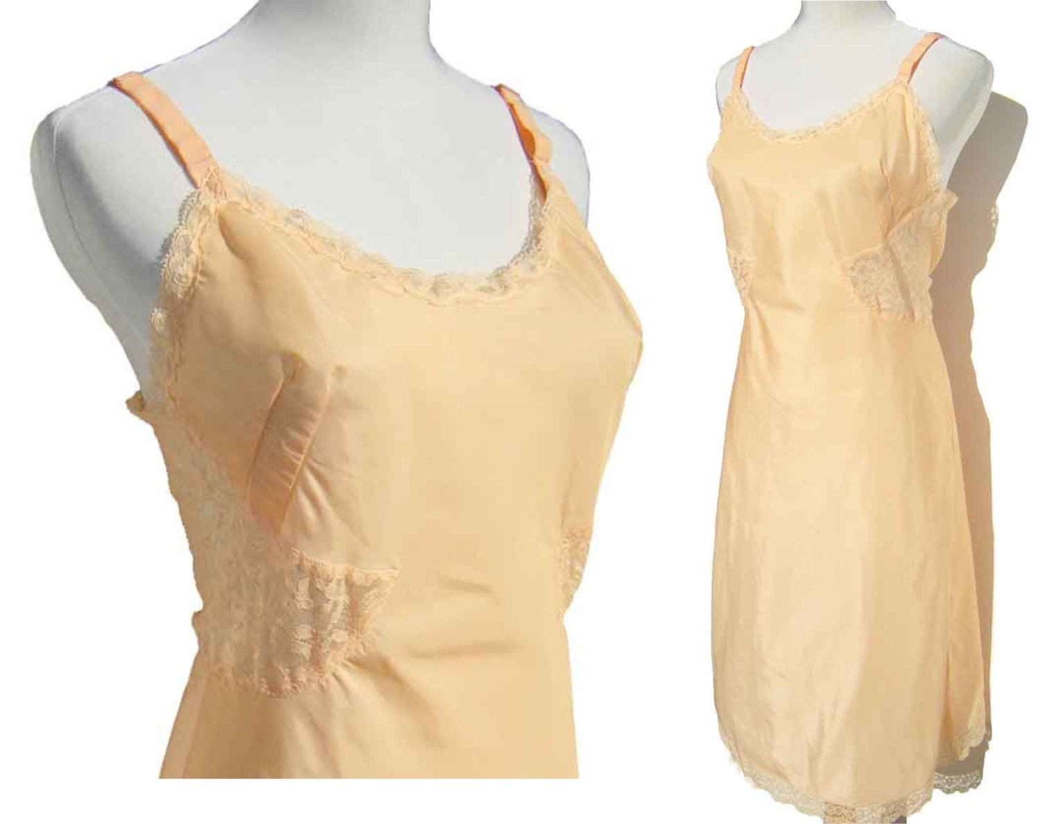 Vintage 50s Dress Slip Barbizon Peach & Lace Rayon Contura Tafredda Lingerie M