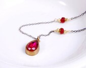 Pendant Necklace, Vintage Swarovski Ruby Red Oxidized Sterling Silver Jewelry, July Birthstone Necklace Gifts for Her Under 40