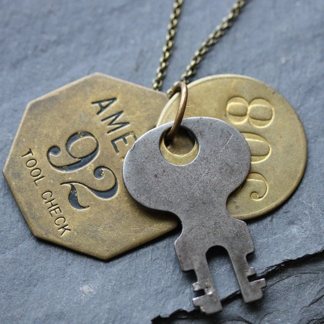 Mens and Womens Necklace with Vintage Tags and Vintage Key