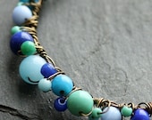 Wire Wrapped Sea Blue Beaded Necklace with Vintage Glass Beads - One of a Kind
