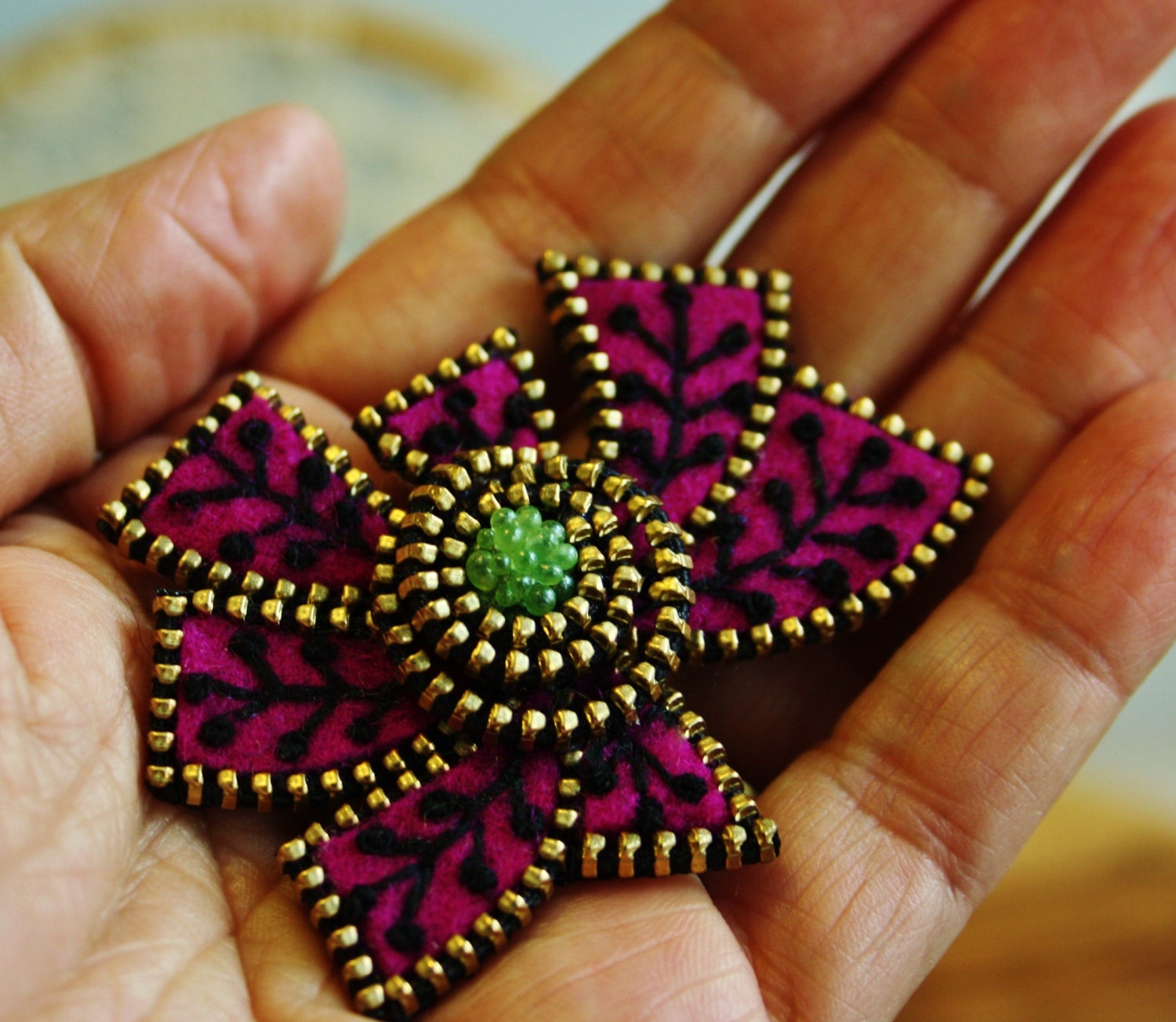 Fuchsia abstract felt and zipper  brooch