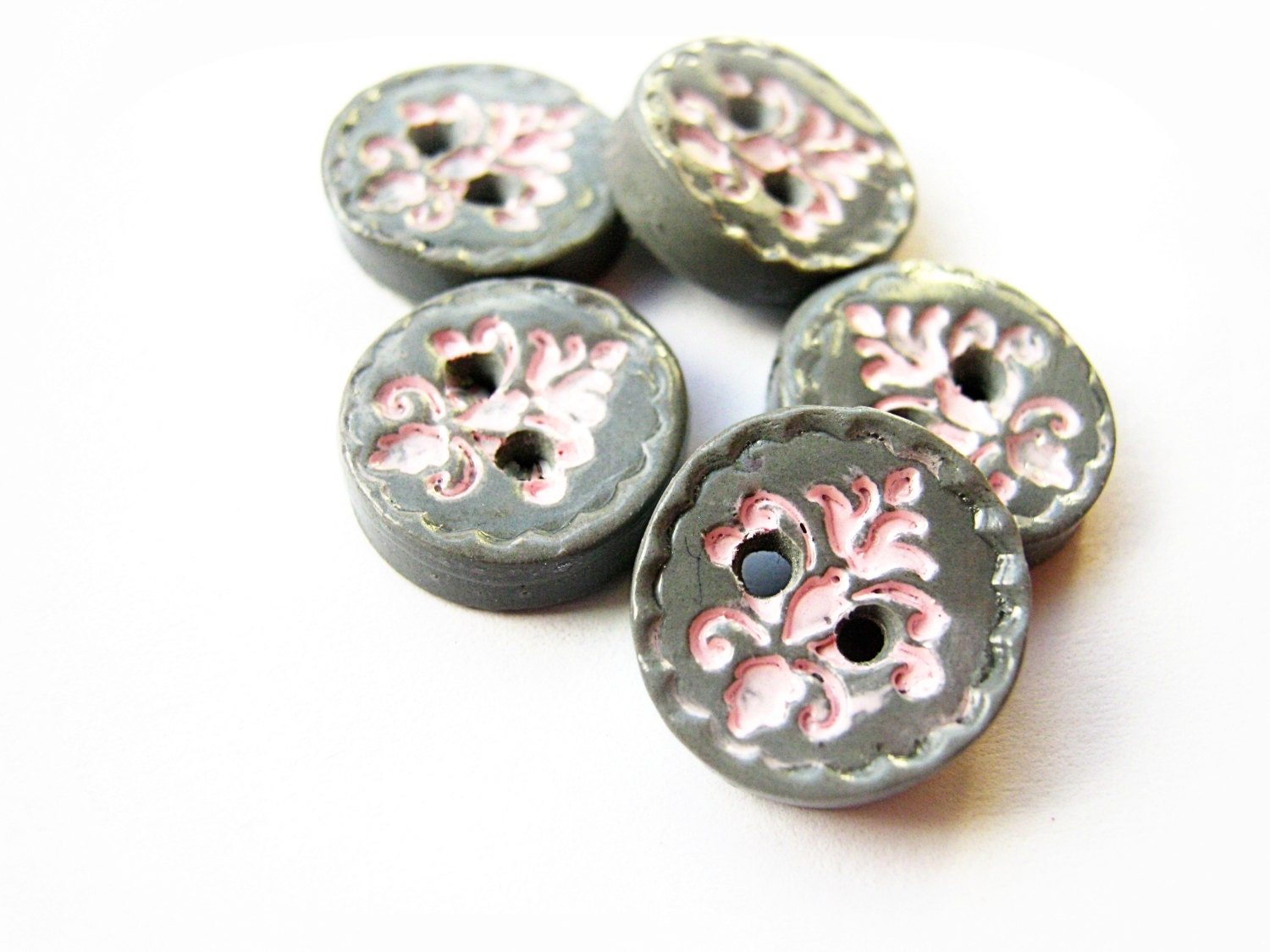 Pink and Grey Damask Buttons  (set of 5)