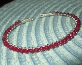 Ruby Red Micro Faceted Quartz Gemstone Sterling Silver Wire Wrap Adjustable Bangle Bracelet