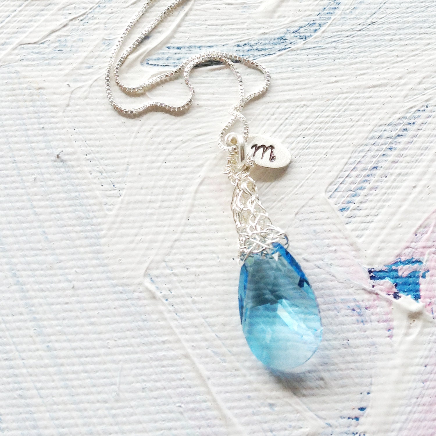 Mother's Day Personalized Necklace, Swarovski Pendent, Initialized Charm, Monogram, Baby Blue Crystal, Silver Charm