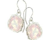 Swarovski crystal earrings, pink dangle earring , silver wire crocheted earrings , rose crystal earrings , bridesmaids earrings
