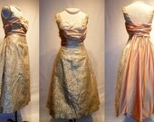 1950's Tan Regal Brocade Gold RHINESTONE Satin Cocktail Dress Vintage 50's Couture Ruched Sash Structured Bombshell Jeweled Party Dress