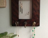 Walnut finish upcycled wood frame jewelry holder with antique brass knobs - perfect for Mother's Day