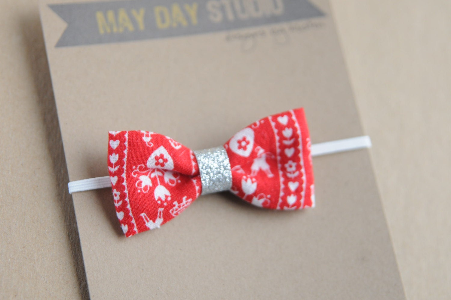 newborn baby toddler girls fabric bow headband - vintage red bow - white skinny elastic