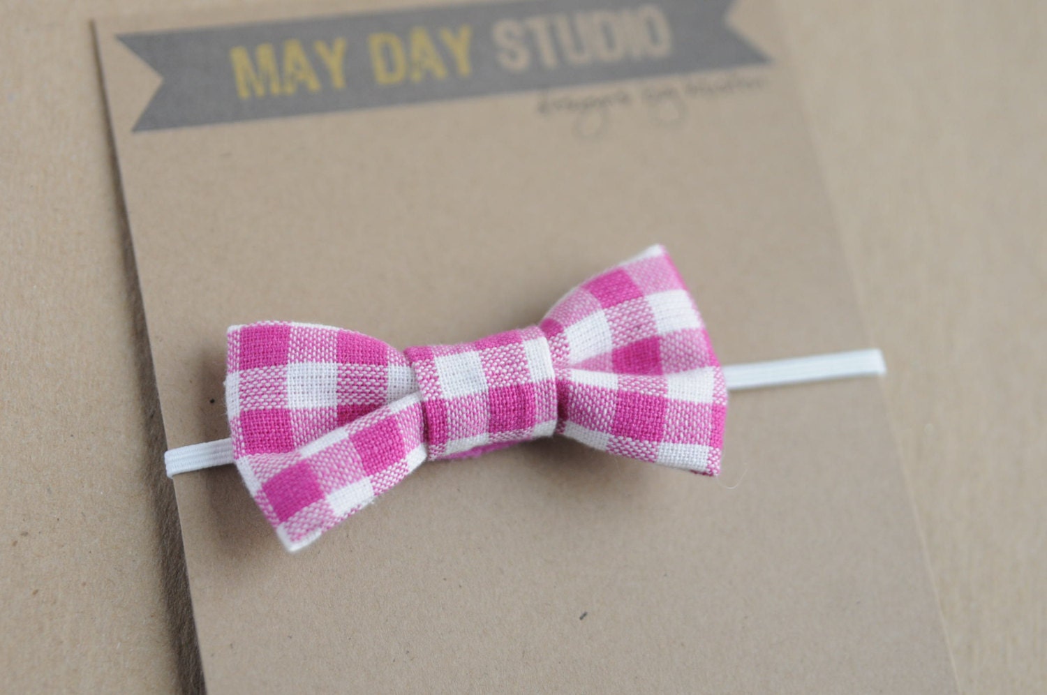 newborn baby toddler girls fabric bow headband - fuschia gingham bow - white skinny elastic