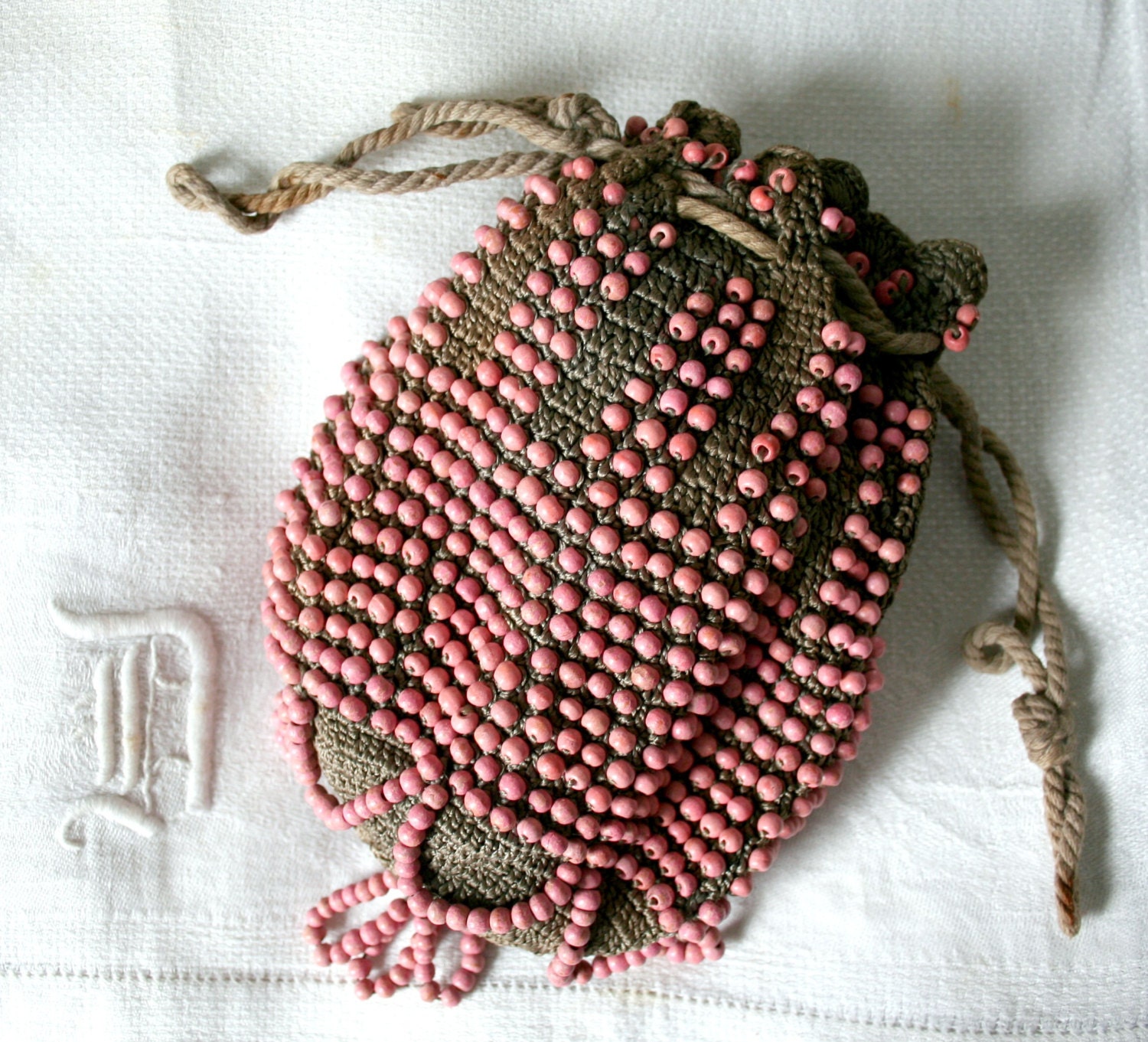 VICTORIAN Vintage PINK Beaded draw string pouch , handbag, bag,  purse, STEAMPUNK appeal
