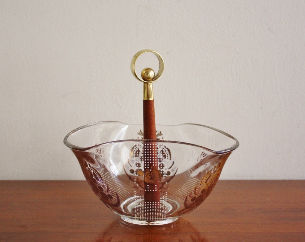 Mid-century Georges Briard glass serving bowl with brass handle