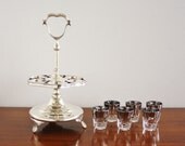 Vintage silver plated bar caddy with 6 silver trimmed shot glasses