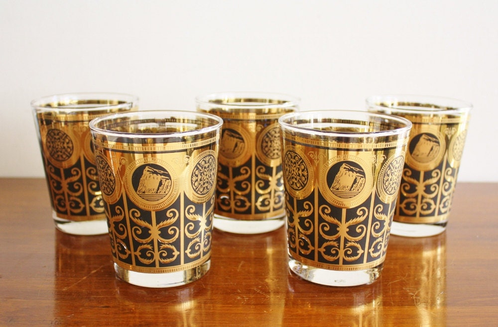 Vintage set of 5 Libbey cocktail glasses, black and gold