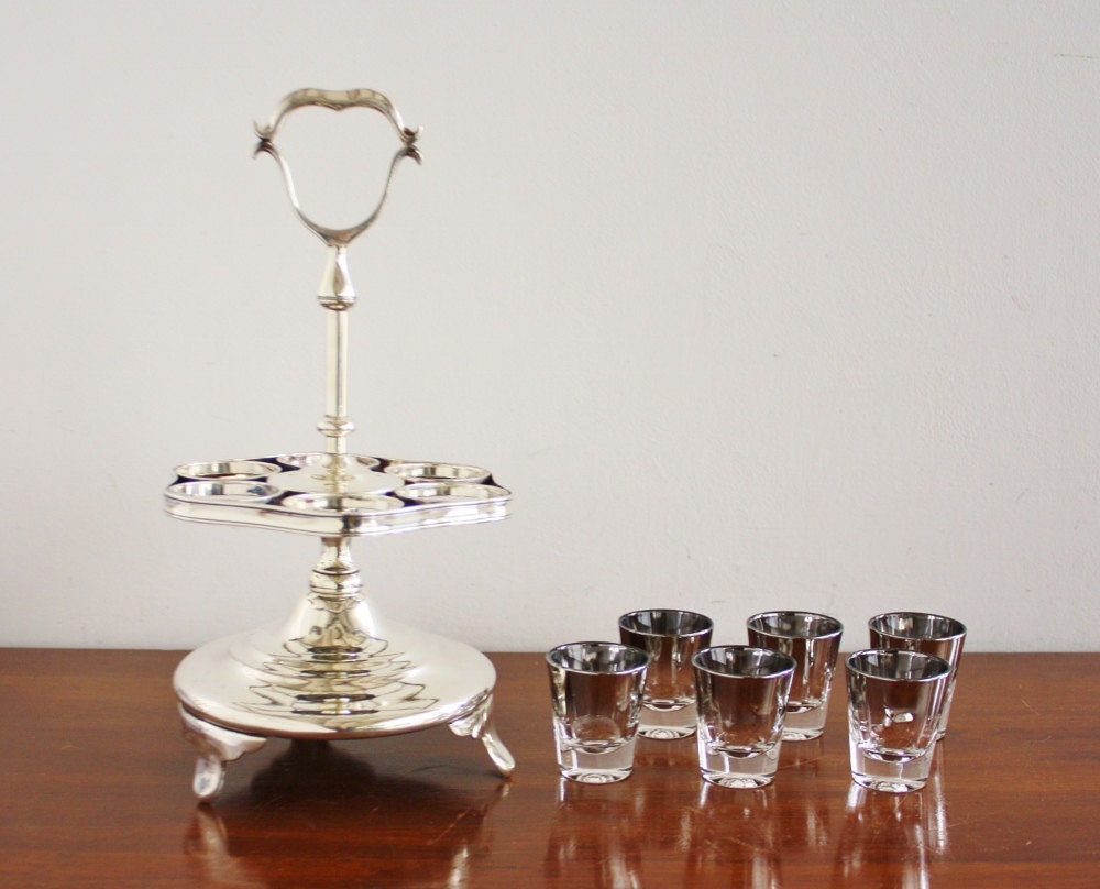Vintage silver plated bar caddy with 6 silver trimmed shot glasses