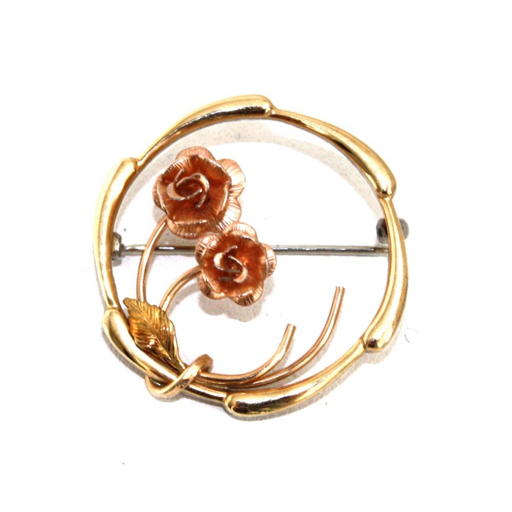Vintage Krementz Circle Rose Brooch Gold & Rose Gold Overlay